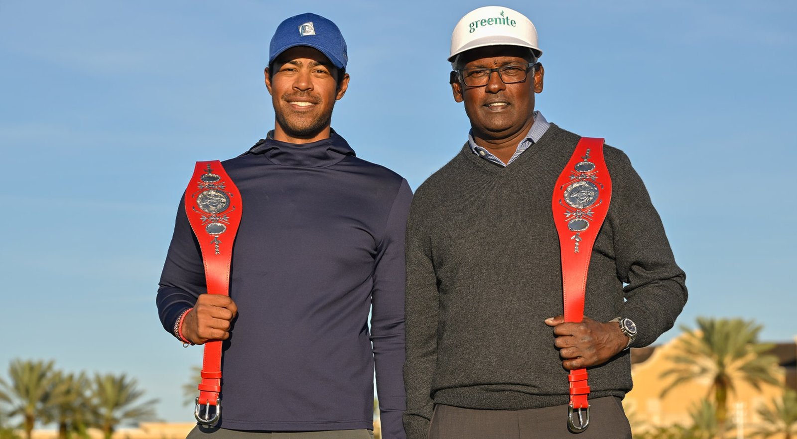 Qass and Vijay with the Willie Park Trophy belts