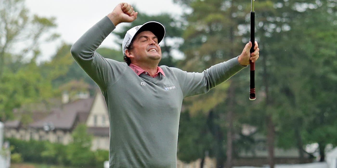 Keegan Bradley celebrates winning putt on first playoff hole