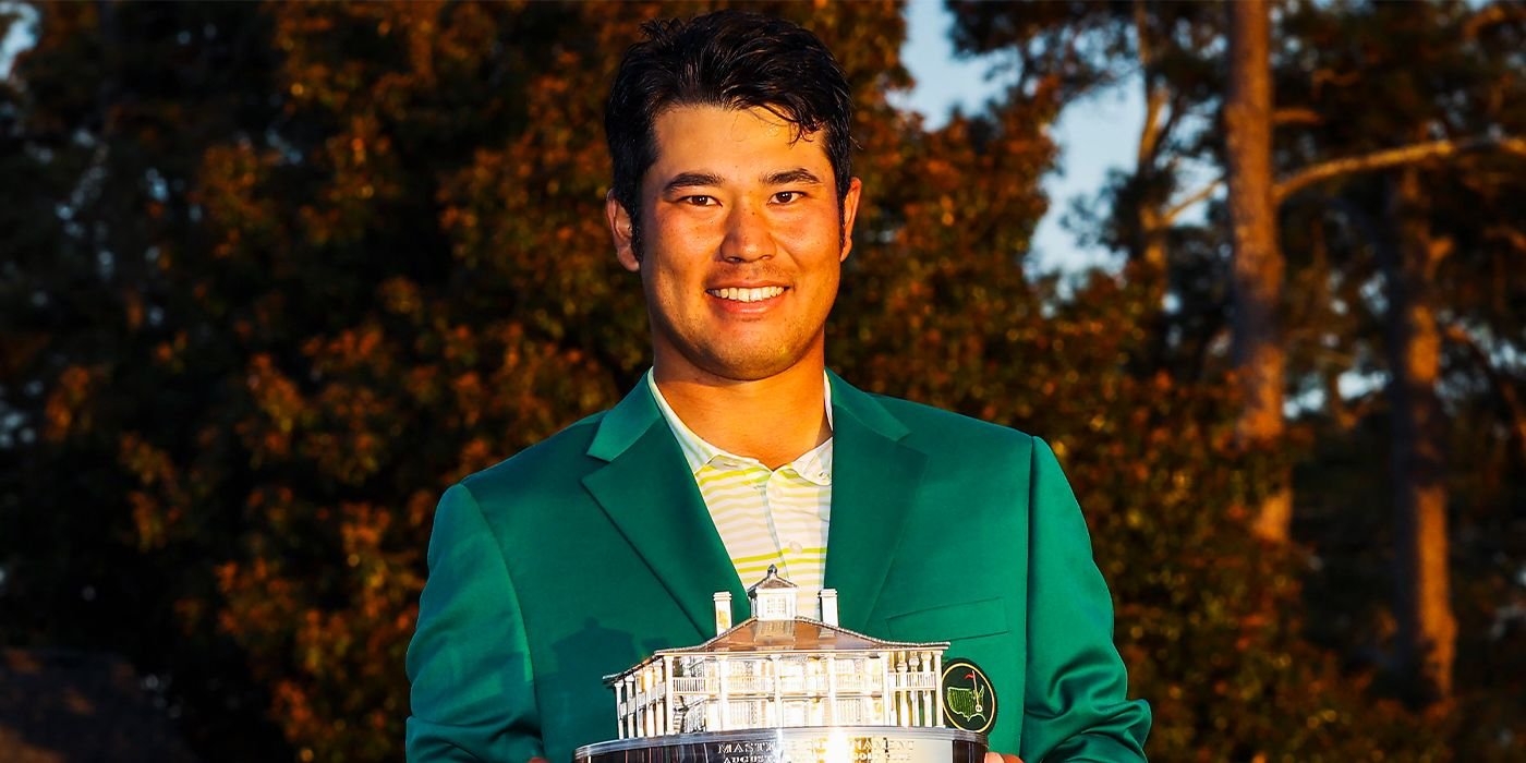 Hideki Matsuyama with Master trophy and Green Jacket