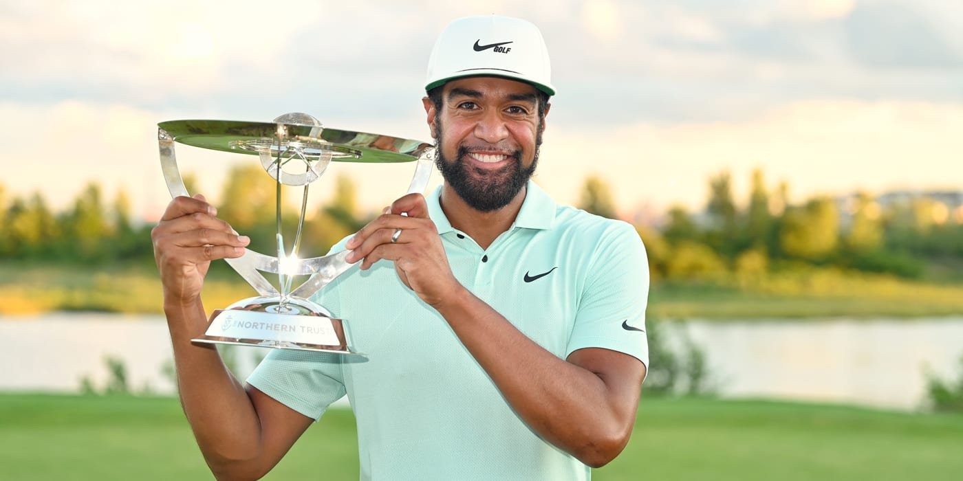 Tony Finau with Northern Trust trophy